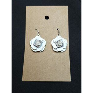 White Floral Drop Earrings With Faux Pearl Center Lightweight